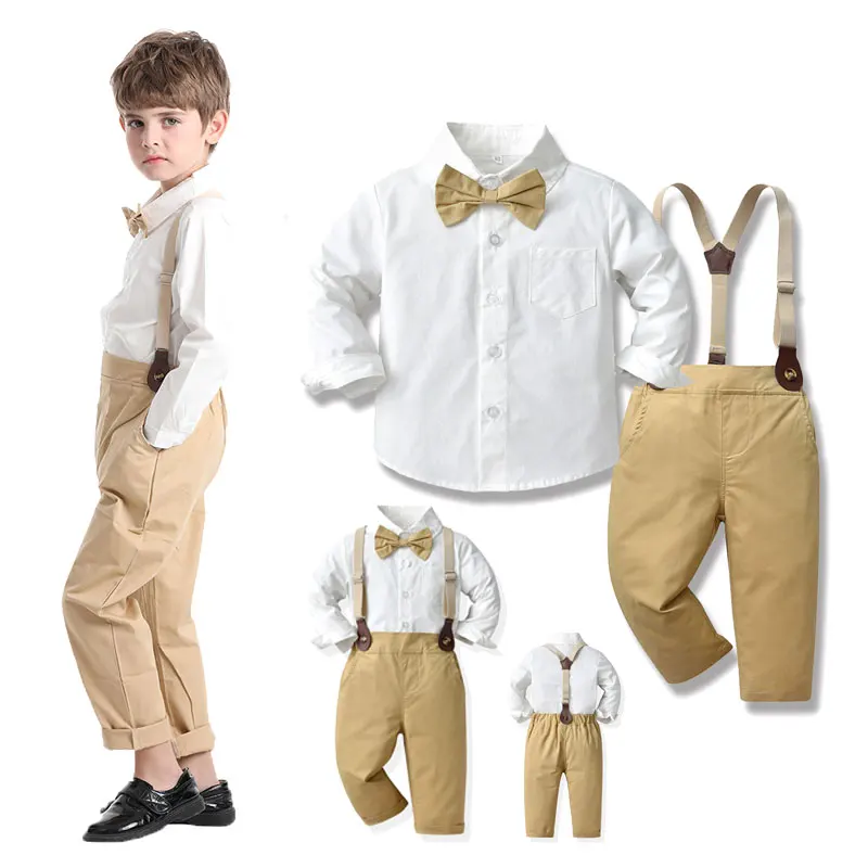 Khaki Boys Gentlemen Suit Wedding Birthday Party Ring Bearer Outfit Fashion Camicetta White Shirt Straps Pants Boy Boss Baby Outfit