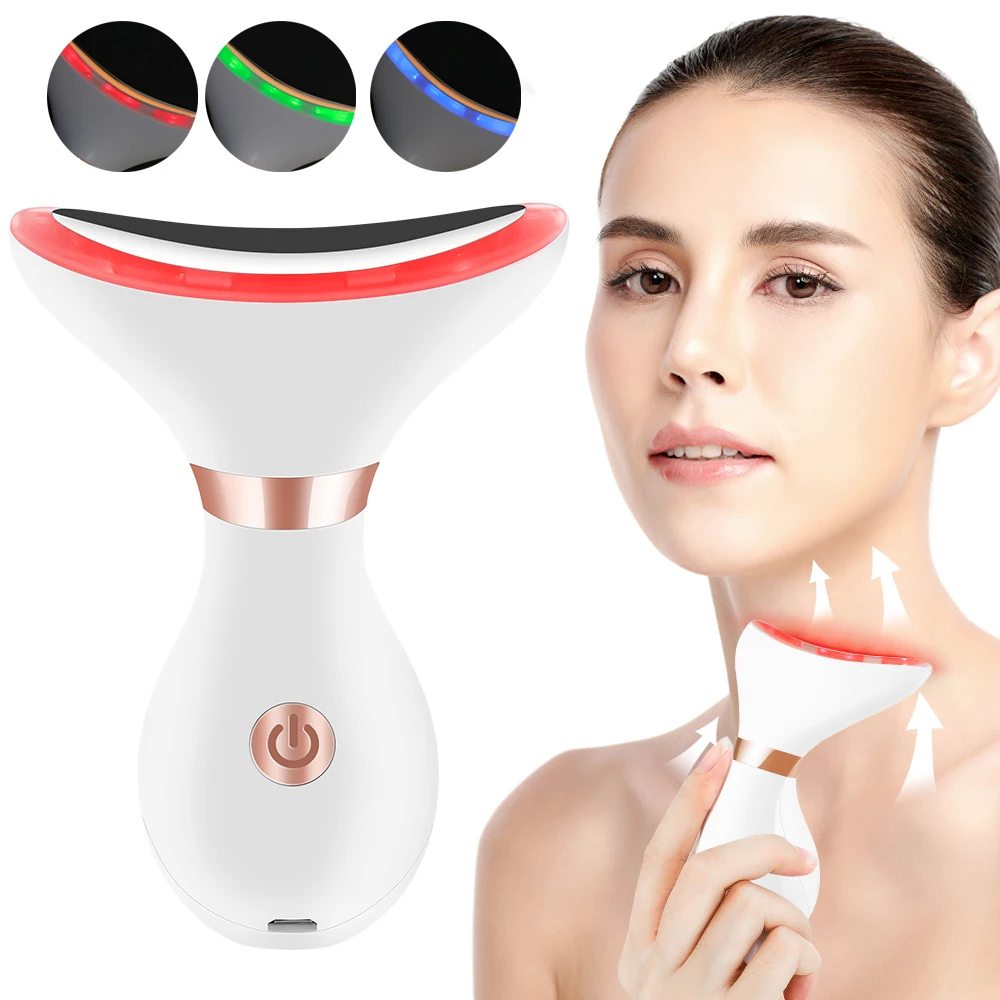 3 Colori Led Photon Therapy Neck Beauty Device Ems Micro-Current Vibration Hot Compress Massaggiatore Antirughe V Face Lifting