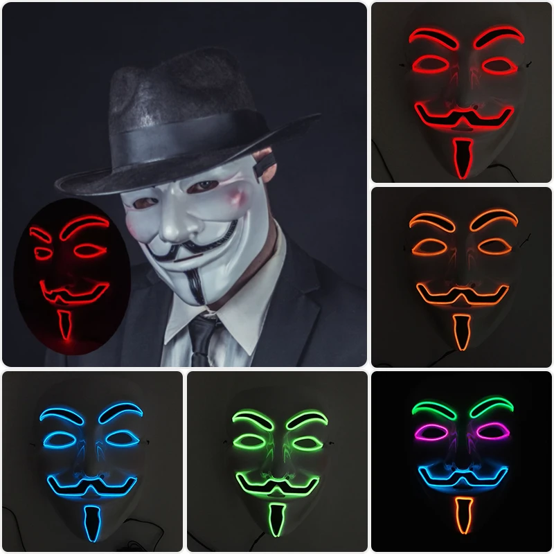Luminoso Led Neon Light Cosplay V Per Vendetta Mask Guy Fawkes Light-Up Maschera Anonima Halloween Carnival Party Puntelli Al Buio