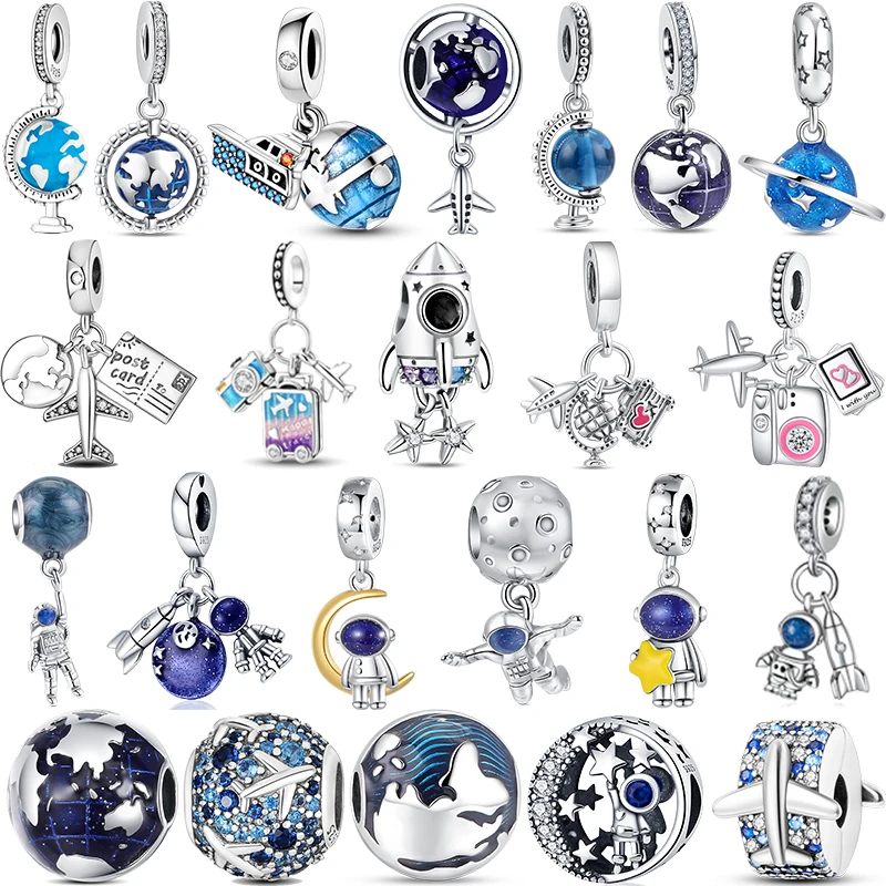 Autentico Space Love Rocket Charms Astronaut Beads Airplane Globe Ciondola 925 Sterling Silver Fit Original Pandora Bracelet Gifts
