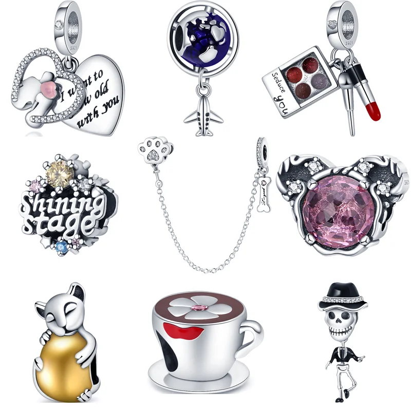 925 Silver Earth Airplane Lipstick Shining Stage Coffee Cup Beads Paw Print Bone Safety Chain Fit Pandora Charm Bracciale Jewelry