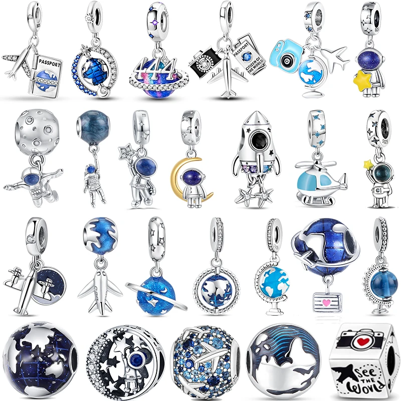 Hot 100% 925 Sterling Silver New World Globe Airplane Astronaut Series Charm Rocket Bead Fit Bracciale Pandora Originale Per Donna