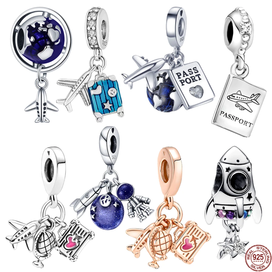 Hot 925 Sterling Silver Airplane Passport Rocket Ciondola Charm Beads Women Diy Fashion Jewelry Gift Fit Original Pandora Bracelet