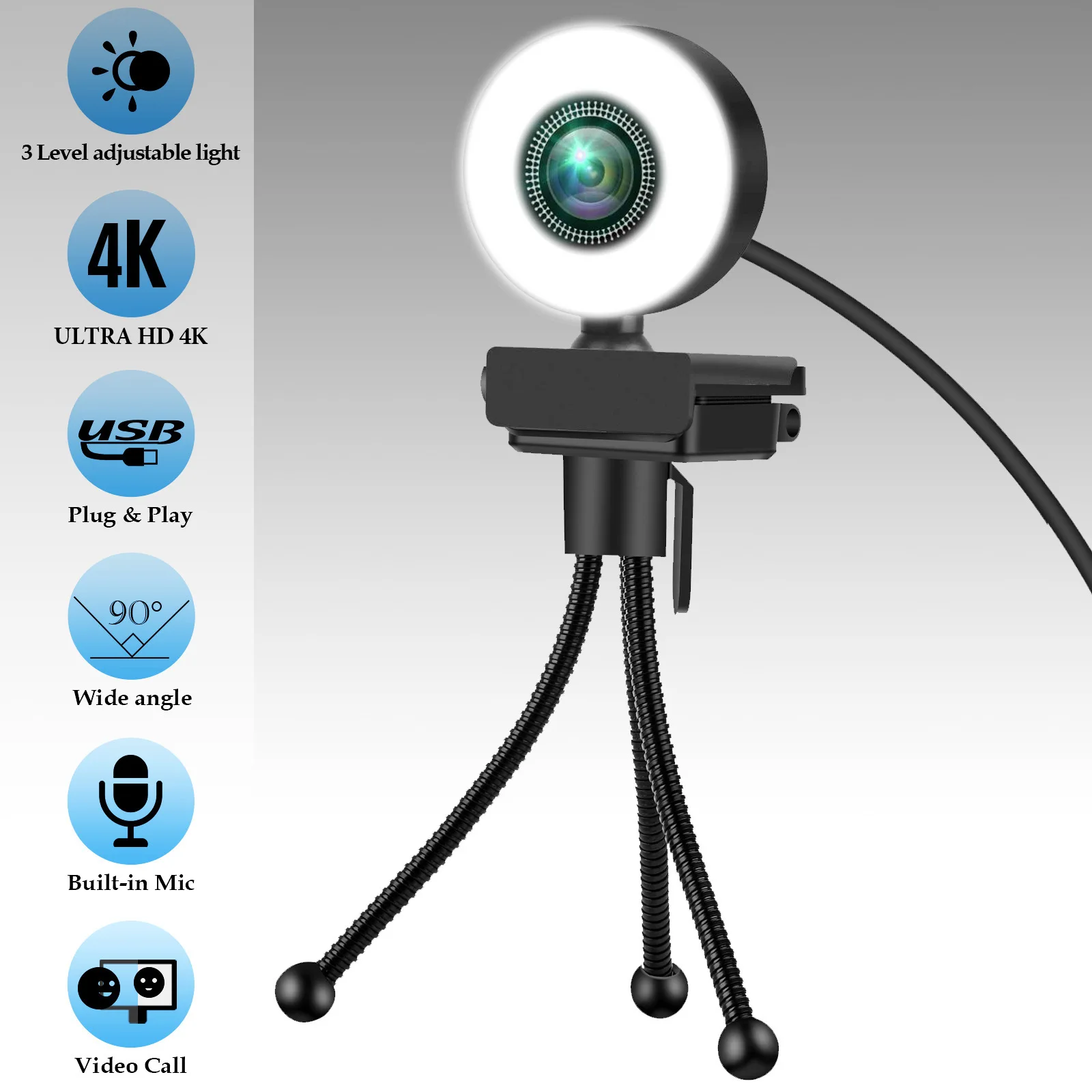 Webcam 4K 2K Full Hd Web Camera Con Microfono Led Fill Light Usb Web Cam Girevole Per Pc Computer Laptop Per Youtube