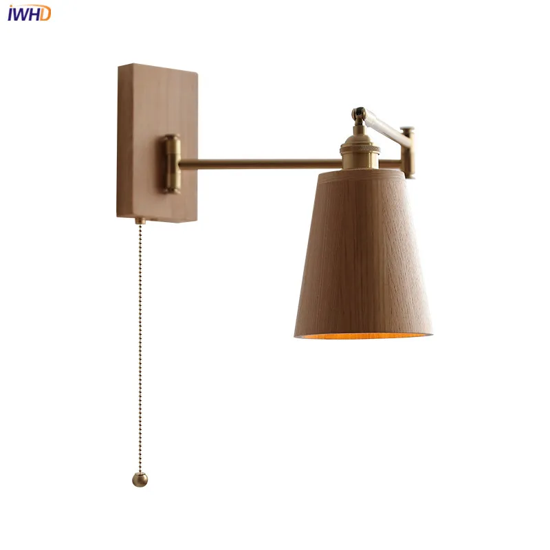 Applique Da Parete A Led In Legno Di Frassino Di Noce Iwhd Accanto All'Interruttore A Catena A Strappo Plug In Home Illuminazione Per Interni Specchio