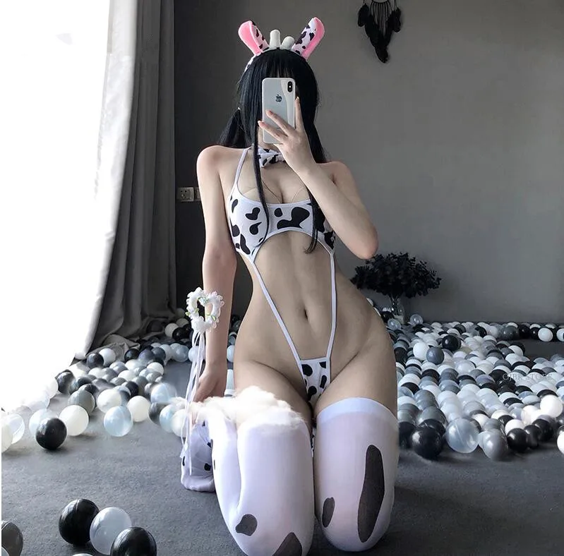 Kawaii Cosplay Cow Print Mini Backless One Piece Micro Bikini Tuta Costumi Erotici Body Per Donna Lingerie Sexy
