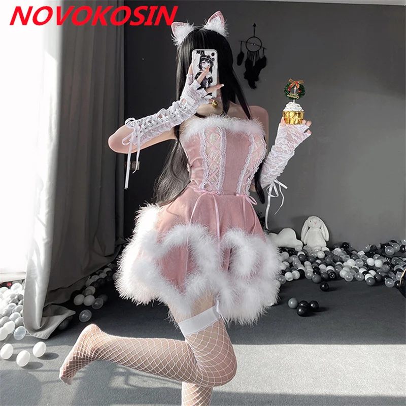 Japanese Korea Girl White Fur Pink Velvet Bandage Christmas Dress Cat Women Ear Guanti Calza Set New Year Cosplay Uniform