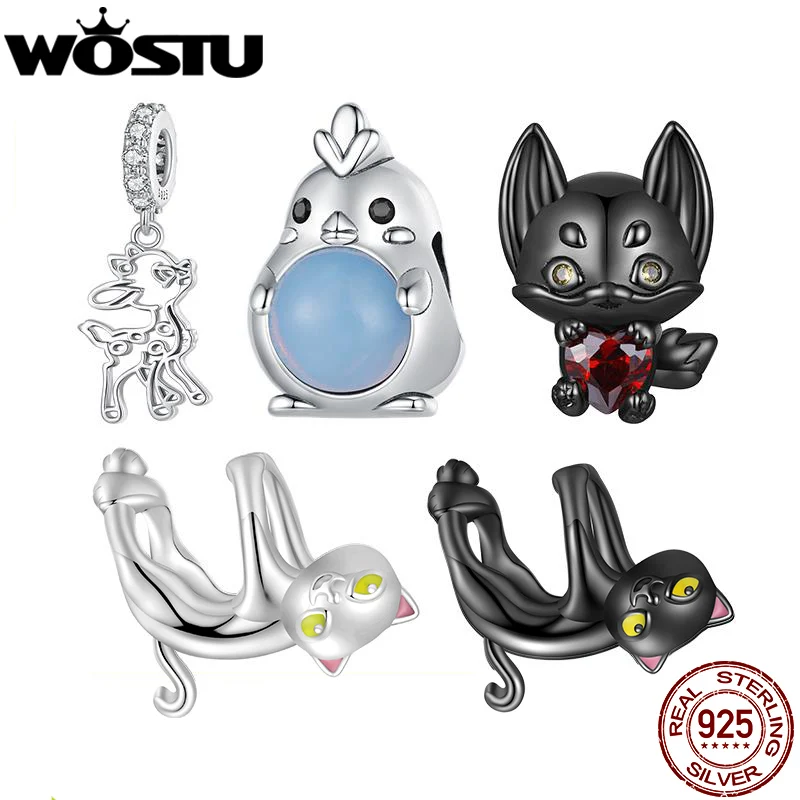 Wostu 925 Sterling Silver Fire Opal Chick Beads Black Gold Fox Cat Animal Charms Fit Bracciale Collana Fai Da Te Gioielli Che Fanno Regalo