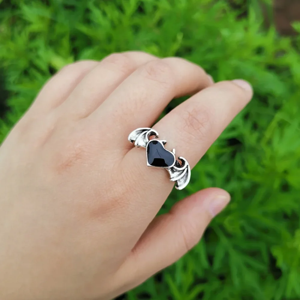Vinage Punk Style Black Opal Angel Devil Wings Coppia Anelli Per Donna Uomo Regolabile Lover Bat Ring Y2K Accessori Per Gioielli Regalo