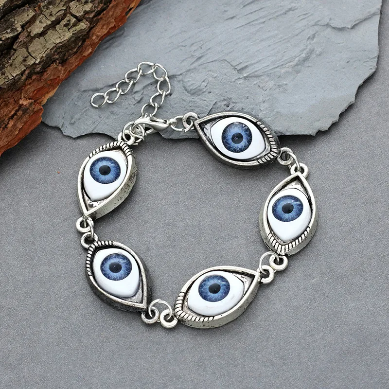 Braccialetto Vintage Punk Evil Eye 5 Blue Eyeball Connect Esagerazione Braccialetto Multiplo Denso Evil Eyes