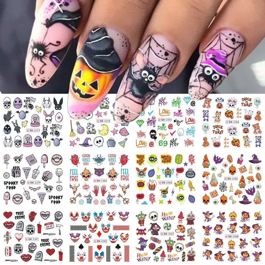 12Pcs Cartoon Halloween Nail Stickers Slider Fun Pumpkin Witch Clown Skull Manicure Decorazione Water Transfer Nail Decalcomanie Bebn