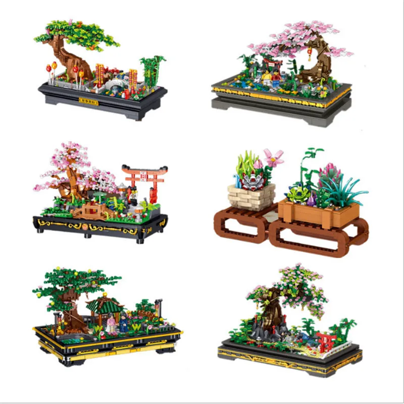 Moc Mini Building Blocks Bonsai Fiori Di Pesco Di Ciliegio Scoroso Cinese Pino Simulato Pianta Succulenta Modelli Regali Creativi