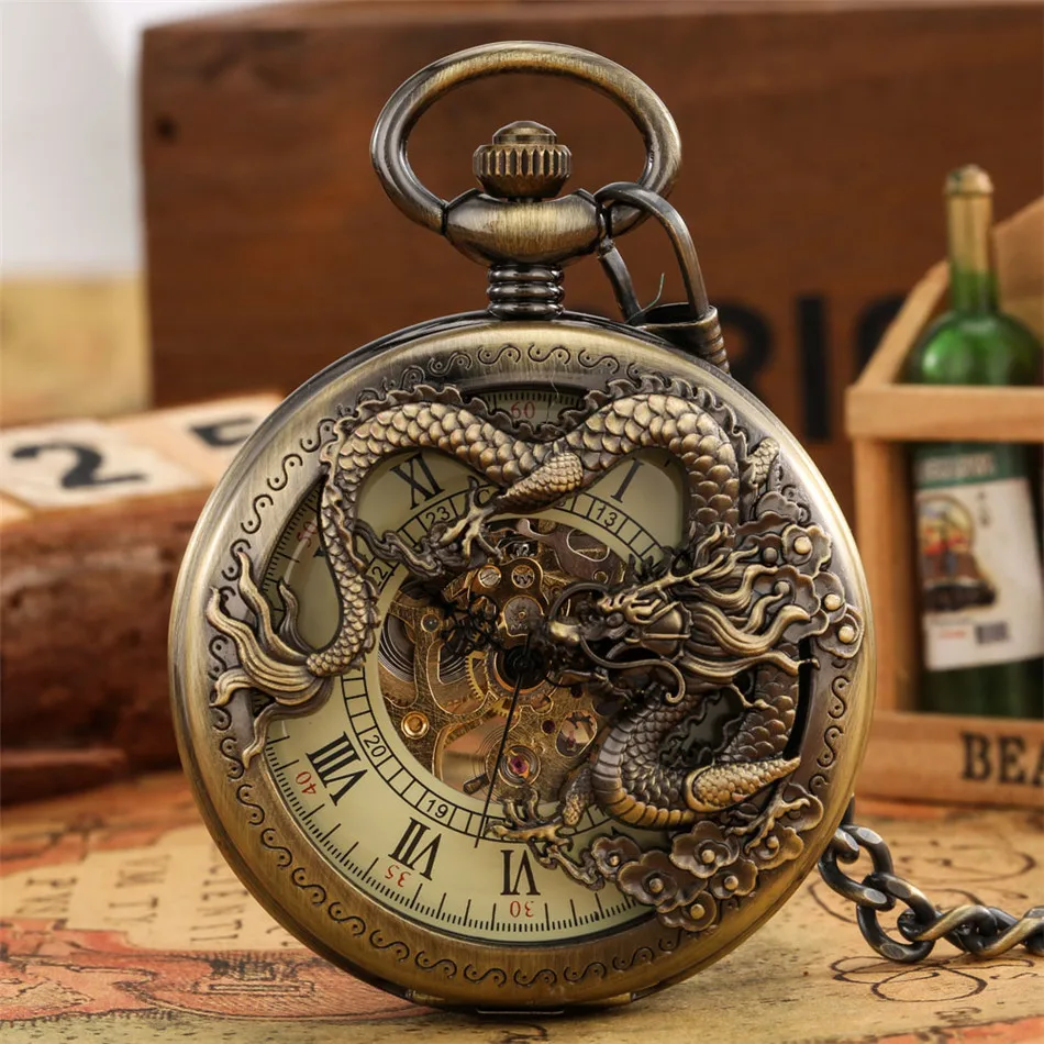 Bronzo Hollow Dragon Display Half Hunter Orologio Da Tasca Meccanico Cool Antico Ciondolo Meccanismo Manuale Orologio Da Tasca Regalo Maschile