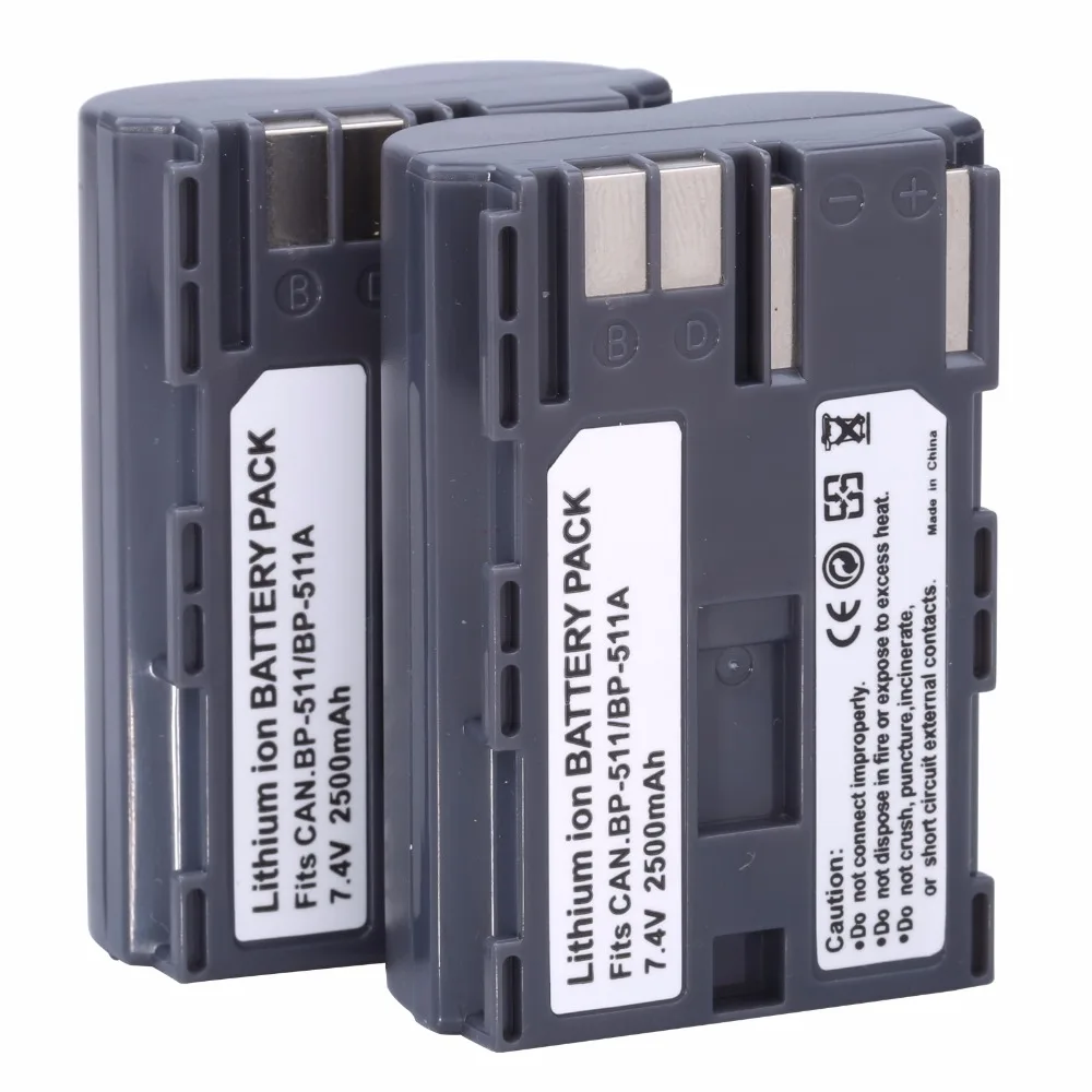 2 Pz 2500Mah Bp-511 Bp511A Batteria Ricaricabile Batterie Per Canon 20D 30D 40D 50D Mv 30I 300 300I Zr20 25Mc Fotocamera