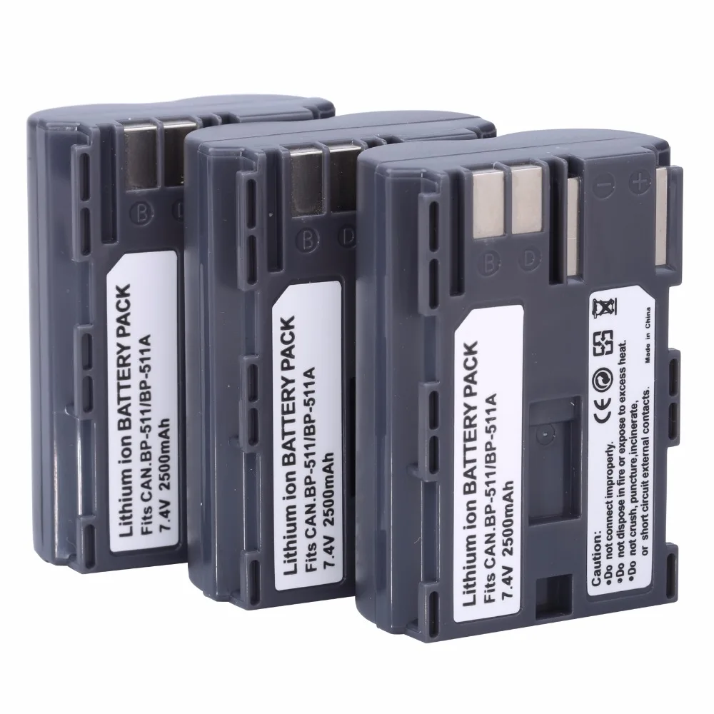 3Pcs 2500Mah Bp-511 Bp511A Batteria Ricaricabile Batteria Batterie Per Canon 20D 30D 40D 50D Mv 30I 300 300I Zr20 25Mc Macchina Fotografica