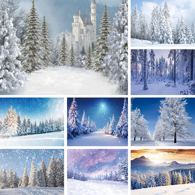 Snowy Scenery Background Winter Forest Pine Trees Photography Background Snowfield Snow Mountain White Castle Banner Decorations