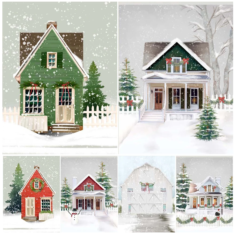 White Christmas Barn And Red Christmas House Art Poster Print Snowy Christmas Wall Art Canvas Painting Home Decoration Unframed