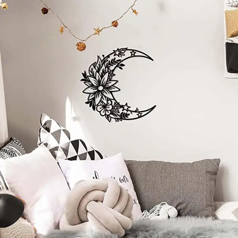 Moon Metal Floral Art Decor Metal Silhouette Moon Iron Flower Sculpture Black Wall Hung Boho Macrame Wall Art Decor Accessori
