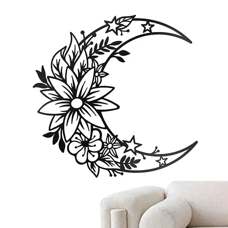 Metal Moon Wall Decor Black Wall Hung Moon Boho Decor Half Moon Flower Sculpture Hung Wall Decor Metal Wall Hung Moon Decor
