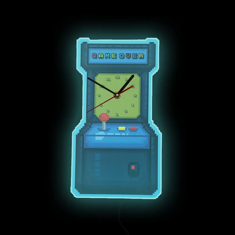 Game Over Vintage Arcade Game Machine Led Nightlight Wall Clock Playing Room Decor Pixel Gaming Display Elettrico Sign Wall Watch
