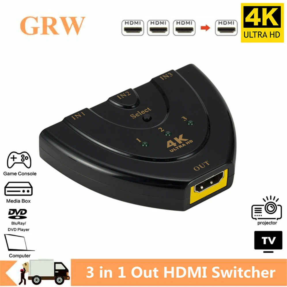 Grwibeou Hdmi Switcher Hdmi Splitter 3 Porte Mini 4K * 2K Switch Converter 1080P Per Dvd Hdtv Pc Proiettore 3 In 1 Out Port Hub