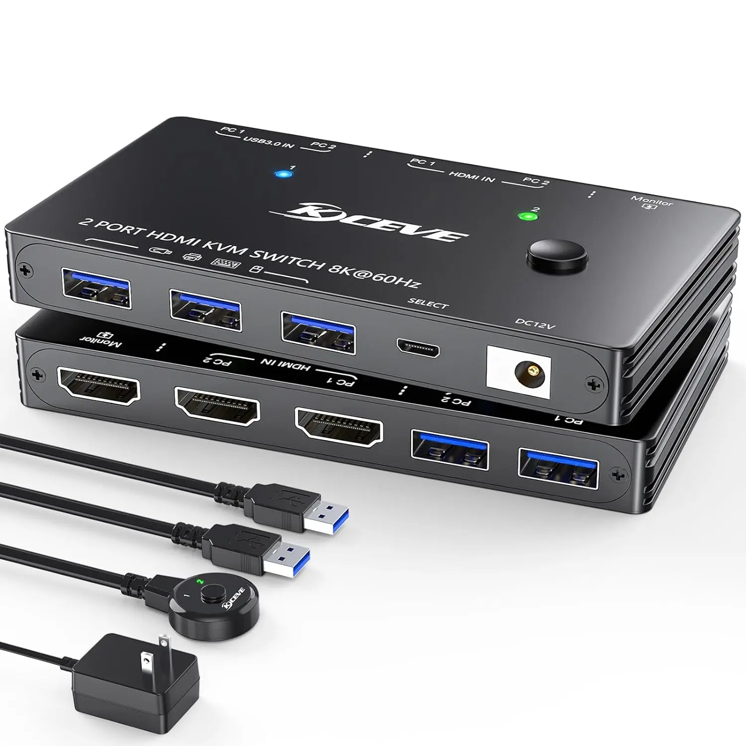 Kceve Usb3.0 Kvm Switch,2 Porte 8K 60Hz Hdmi 2.1 Kvm Switch Per 2 Computer 1 Monitor E 4 Porte Usb 3.0 Con Adattatore Di Alimentazione