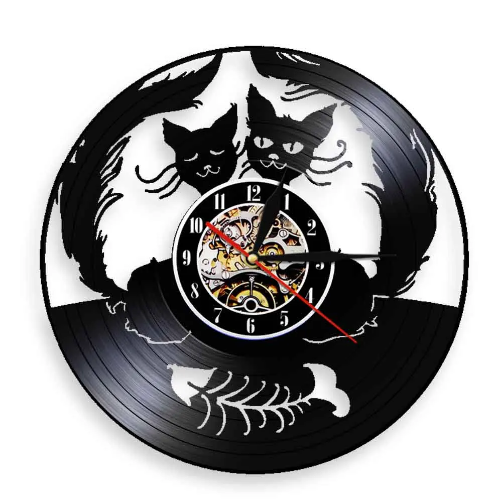 Gatti In Amore Led Wall Hanging Watch Kitty Cat Pet Night Lights Animali Vinile Record Orologio Da Parete Illustrazioni Art Vintage Design