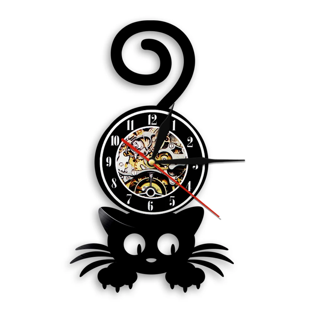 Lovely Cat Orologio Da Parete Cute Kitty Vinyl Record 12 "Animal Wall Watch Clock Nursery Wall Art Decor Clock For Kids'S Room