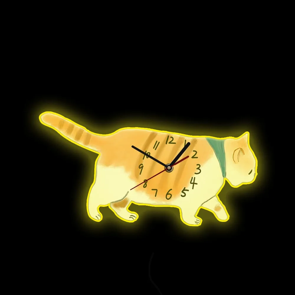 Orologio Da Parete Luminoso Gatto Tigre Giapponese Cartoon Kitty Design Home Decor Gattino Led Neon Light Sign Orologio Da Parete Lampada Da Comodino 
