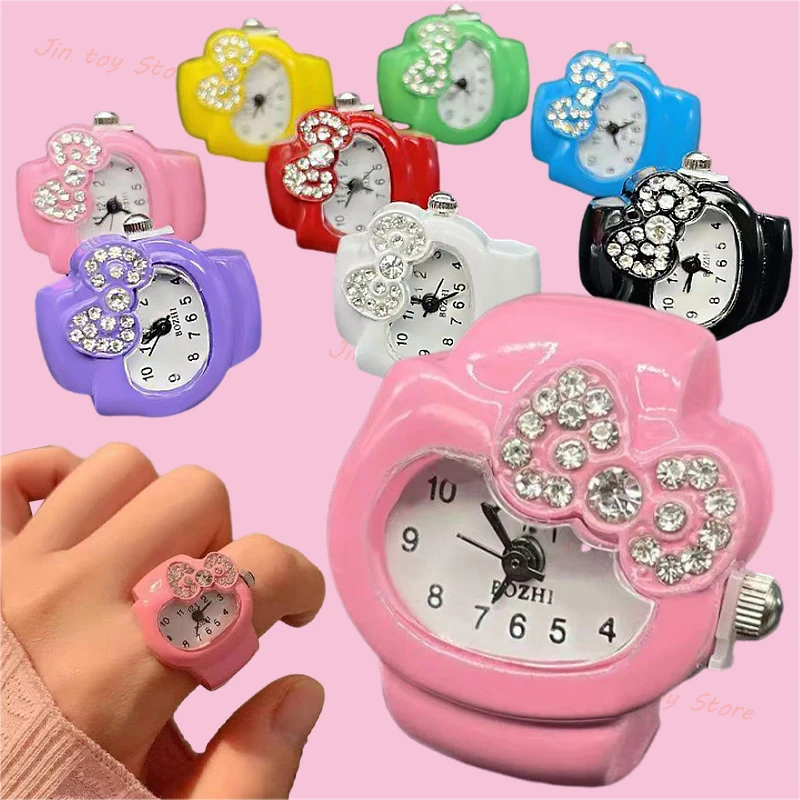 8 Colori Hello Kitty Orologi Anello Kawaii Cartoon Sanrio Kitty Cat Sweet Finger Ring Fashion Jewelry Clock Women Girls Ring Watch