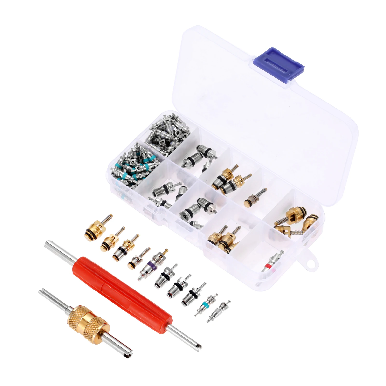 Auto A/C R12 R134A 100Pcs Refrigeration Tire Valve Stem Cores With 2Pcs Removal Tools, Car Air Conditioning Repair Tool Box Set