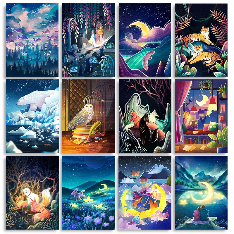 Magic In The Night Canvas Painting Fish Grip Owl Volpi Stampe Su Tela Immagini Di Arte Della Parete Pittura Moderna Per La Decorazione Della Camera Da