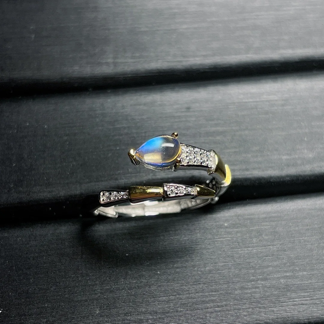 S925 Sterling Silver Natural Indian Moonlight Stone Vintage Droplet Beautiful Living Design Ring Senza Pietra Principale Ottimizzata