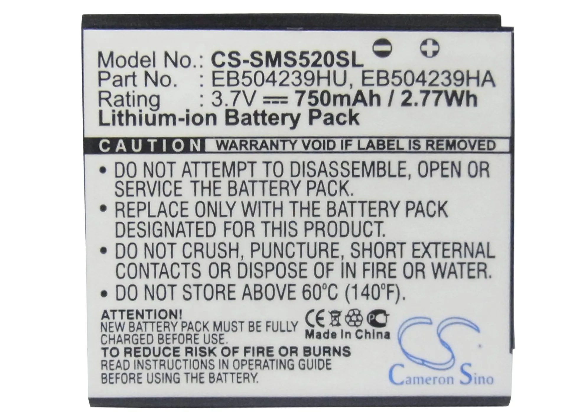 Batteria Cameron Sino 750Mah,, Eb504239Habstd, Eb504239Hu Per Samsung Gt-S5200, Gt-S5200C, S5200, Sgh-A187