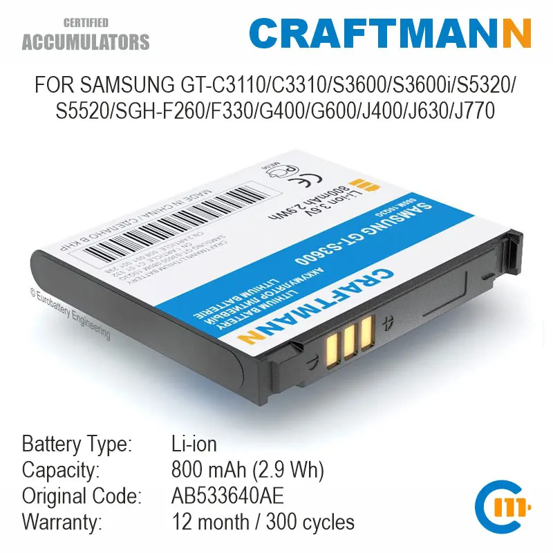 Batteria Per Samsung Gt-C3110/C3310/S3600/S3600I/S5320/S5520/Sgh-F260/F330/G400/G600/J400/J630/J770 (Ab533640Ae)