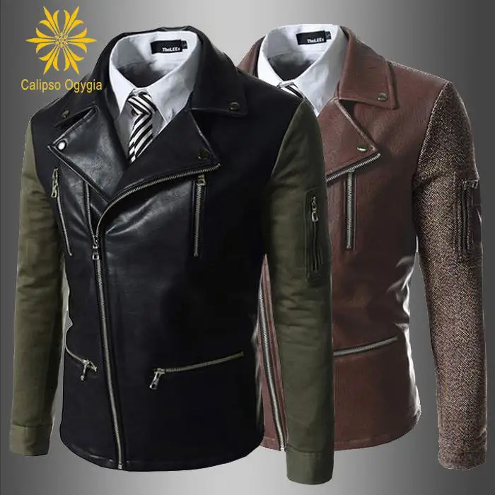 Calipso Ogyaia Nuovi Mens Punk Moto Denim Jeans Biker Giacca Di Pelle Rock Patchwork Nero Marrone Denim Cappotti Xxl Coml77