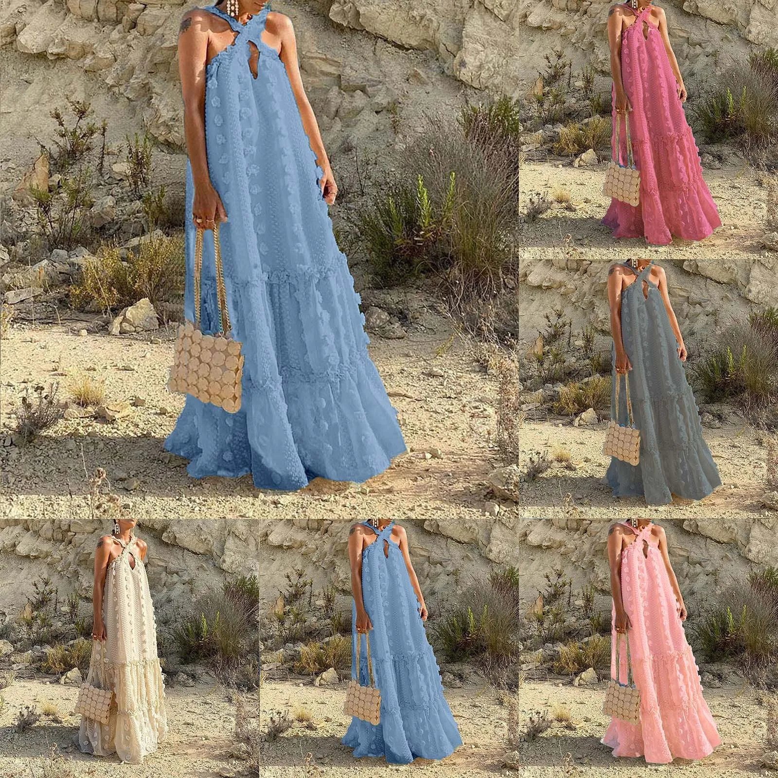 Ladies Halter Neck Three Flower Mopping Cake Casual Fashion Dress Elegante Dress For Women Missal Dresses