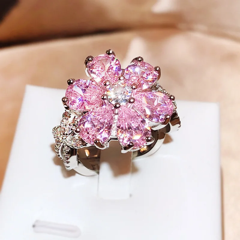 Hoyon Luxury Pink Flower Princess Diamond Crystal Open Ring Pink Gem Engagement Wedding 925 Silver Color Women'S Ring Jewelry