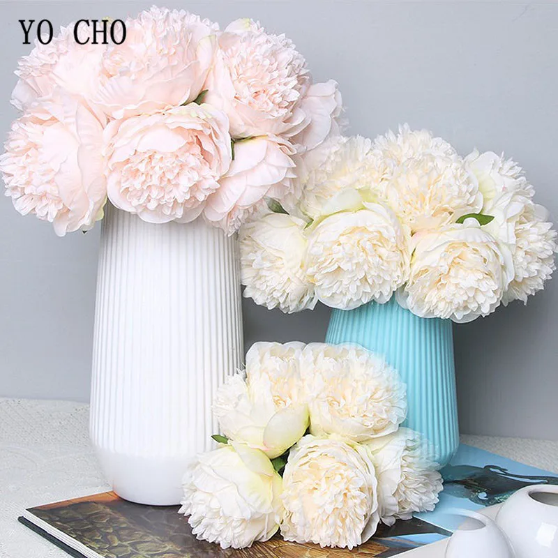 Yo Cho 5Pc Grande Peonia Artificiale Fiore Di Seta Bouquet Da Sposa Decor Peonia Bianca Display Per La Casa Confezione Di Fiori Finti Cuore Peonia Ros