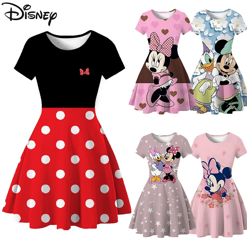 Disney Summer Dress Kids Toddler Minnie Mickey Mouse Donald Duck Daisy Duck Cartoon Mini Dress Kawaii Girls Princess Dresses