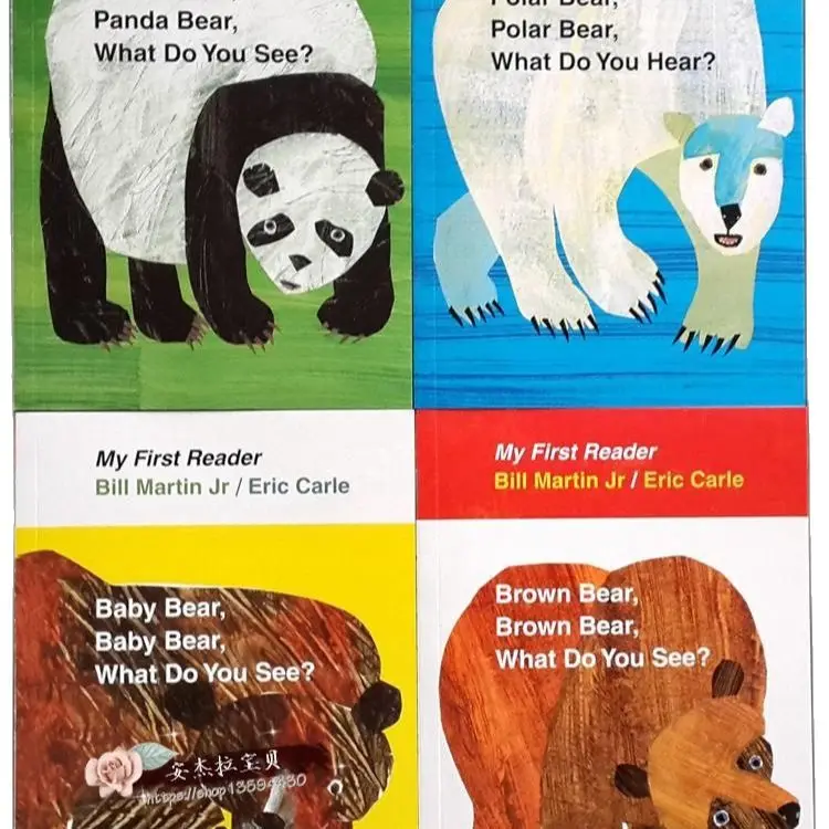 4 Pezzi Libro Inglese Per Bambini Il Mio Primo Lettore Mini Biblioteca: Orso Bruno, Orso Bruno, Cosa Vedi? Libro Popolare Educativo