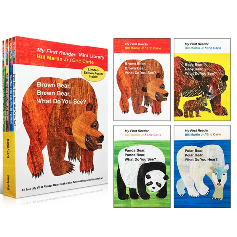 4 Pezzi Libro Inglese Per Bambini Il Mio Primo Lettore Mini Biblioteca: Orso Bruno, Orso Bruno, Cosa Vedi? Libro Popolare Educativo