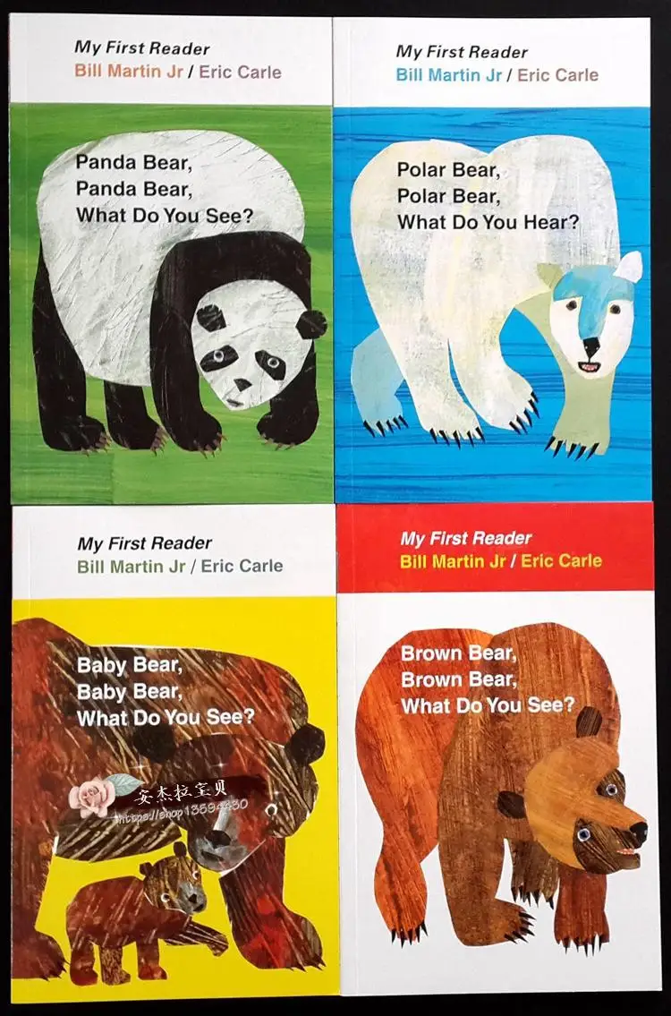 4 Pezzi Libro Inglese Per Bambini Il Mio Primo Lettore Mini Biblioteca: Orso Bruno, Orso Bruno, Cosa Vedi? Libro Popolare Educativo