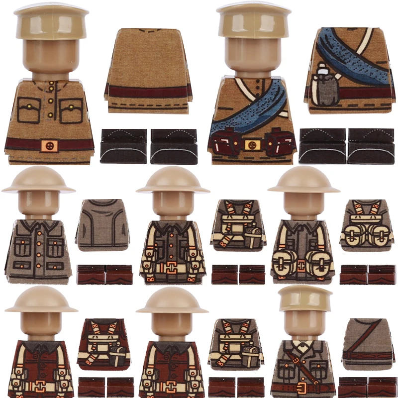 Ww1 British African Soldier Figures Parti Stampate Building Block Abbigliamento Adesivo Mattoni Mini Mp40 Ppsh Accessori Per Armi Giocattoli
