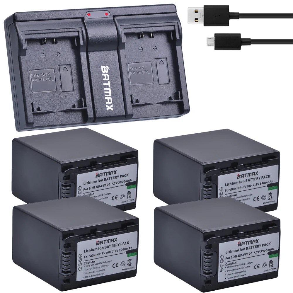 Batmax 4 Pcs 3900Mah Np-Fv100 Np Fv100 Npfv100 Batteria + Doppio Caricatore Per Sony Dcr-Sr15 Sx15 Fdr-Ax100 Hdr-Cx105 Hc9 Pj10 Td20V
