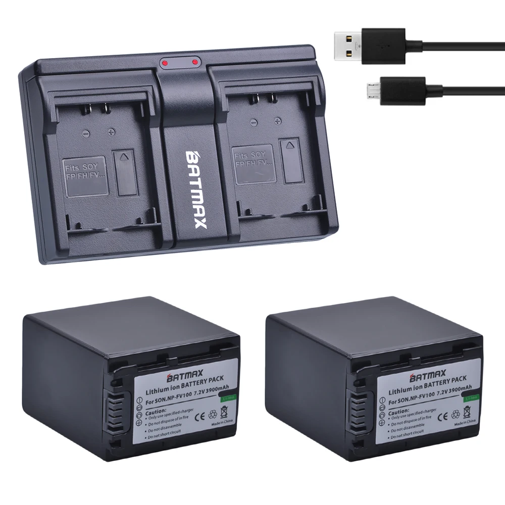 Batmax 2 Pz 3900Mah Np-Fv100 Np Fv100 Batteria + Doppio Caricatore Usb Per Sony Dcr-Sr15 Sx15 Fdr-Ax100 Hdr-Cx105 Hc9 Pj10 Td20V