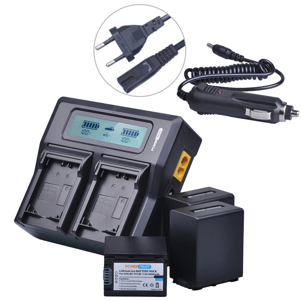 Powertrust 3Pc 3900Mah Np-Fv100 Npfv100 Batteria + Lcd Rapido Caricatore Doppio Per Sony Dcr-Sr15 Sx15 Fdr-Ax100 Hdr-Cx105 Hc9 Pj10 Td20V