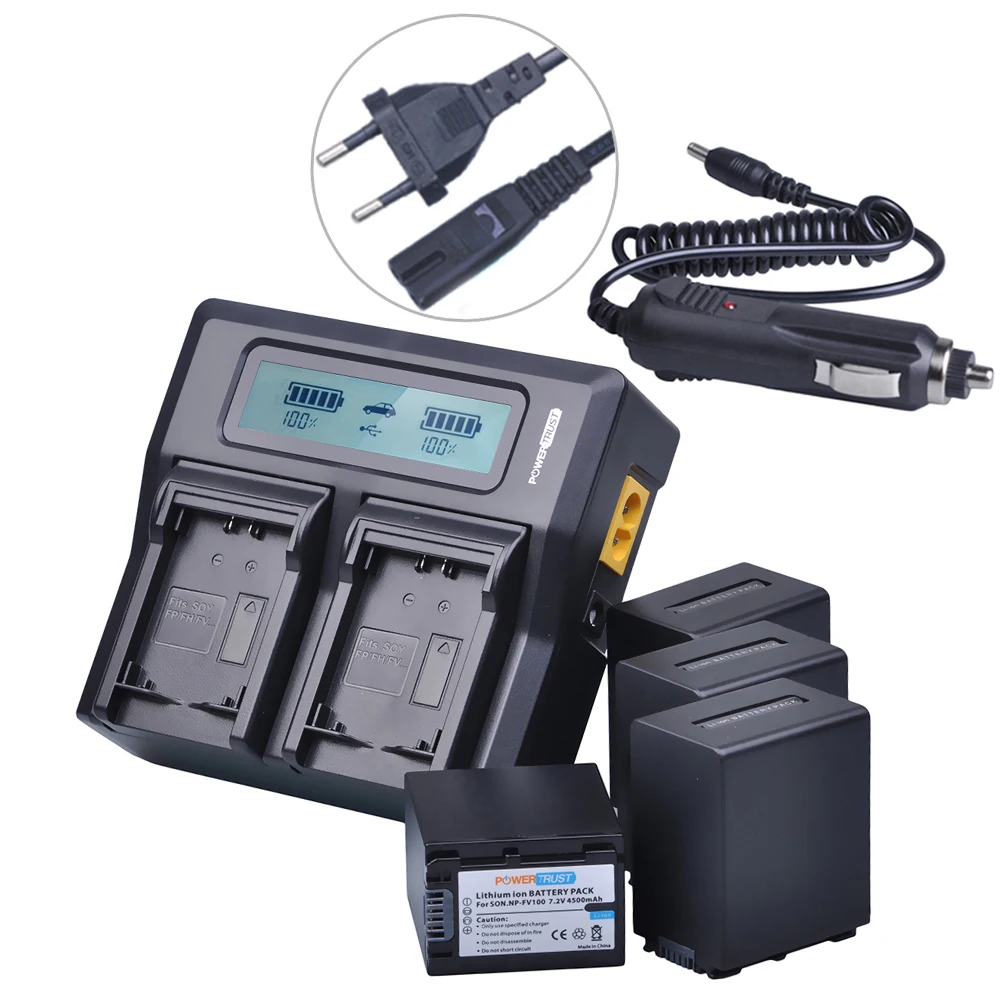 Powertrust 4Pc 3900Mah Np-Fv100 Npfv100 Batteria + Lcd Rapido Caricatore Doppio Per Sony Dcr-Sr15 Sx15 Fdr-Ax100 Hdr-Cx105 Hc9 Pj10 Td20V