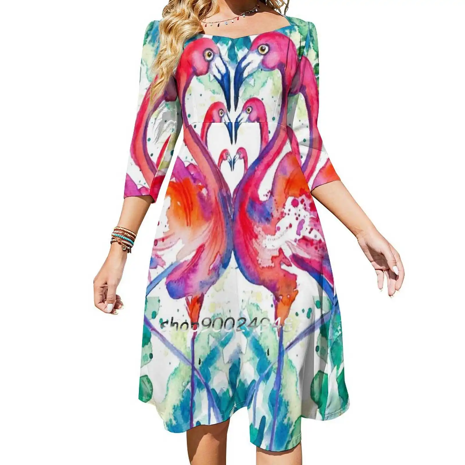 Flamingo Tropicana Square Neck Dress Sweet Summer Dress Women Elegant Halter Print Dress Flamingo Tropical Birds Flowers Heart