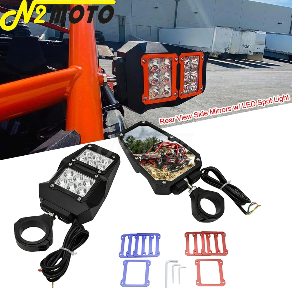1.75" Utv Rear View Side Mirrors W/ Led Spot Light For Polaris Rzr Xp 900 1000 Yamaha Viking Yxz1000R Rhino Honda Kawasaki Mule